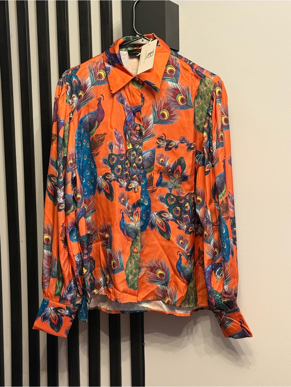 Vibrant Orange Peacock Print Button-Up Shirt